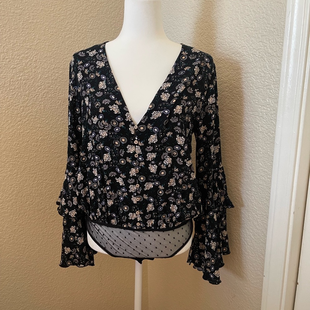 Free People Black and White Ruffled Bell Sleeve Bodysuit